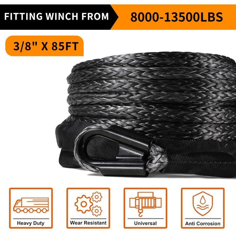 حبل ونش صناعي من AlltoAuto بطول 3/8 بوصة × 85 بوصة كابل Dyneema مع غلاف واقي بقوة 25000 رطل لشاحنة الدفع الرباعي على الطرق الوعرة - Image 4